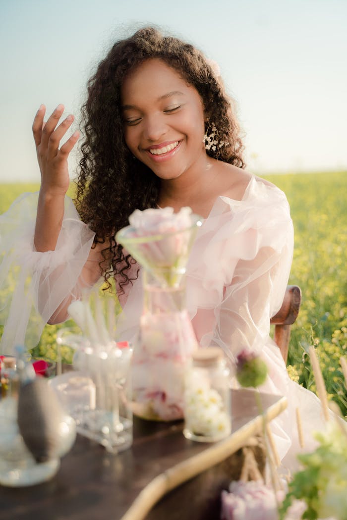 Woman smiling in a sunny field creating fragrances with glass containers.